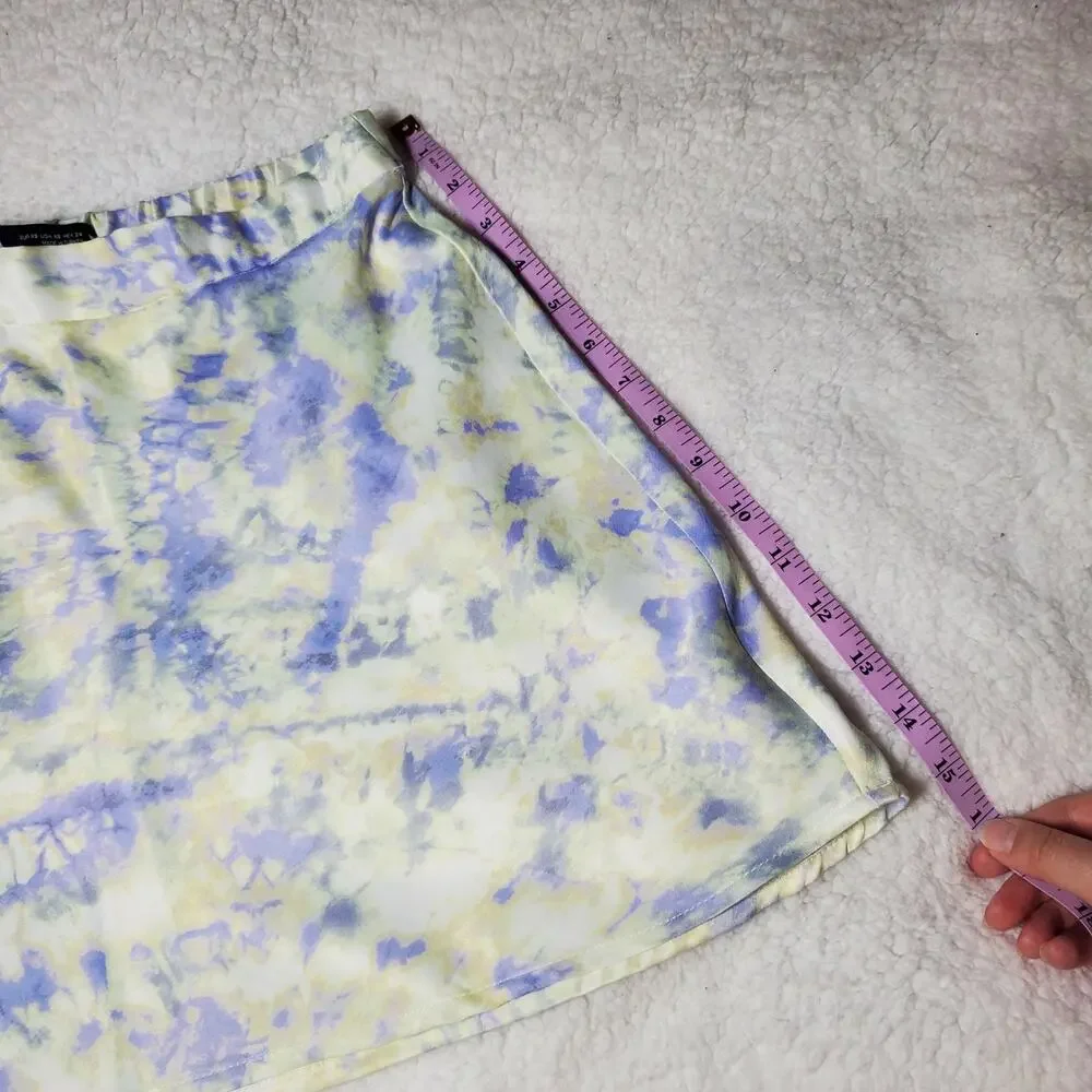🔥 Zara XS Purple Lilac Yellow White Tie Dye Mini Skirt Satin Viscose Silky - Picture 12 of 15